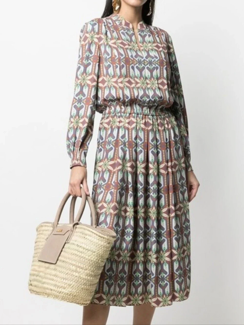 Tory Burch Garden Maze Geometric Print Pleated Shirt Dress